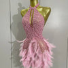 Women Luxury Rhinestones Pearls Feathers Halter Backless Short Dress Women Sexy Celebrate Birthday Dress Nightclub Stage Costume