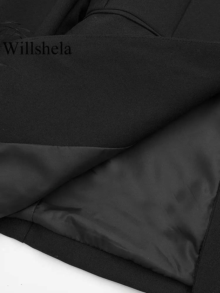 Willshela Damenmode Satin Schwarz mit Feder Blazer Jacke Vintage Kerbausschnitt Einreiher Lange Ärmel Damen Outfits
