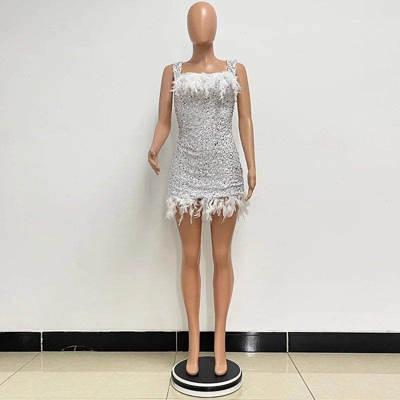 Damen Partykleid Ärmellos Glänzende Pailletten Feder Abendkleid Sexy schulterfrei rückenfrei Mini Formelle Ballkleider HXY8