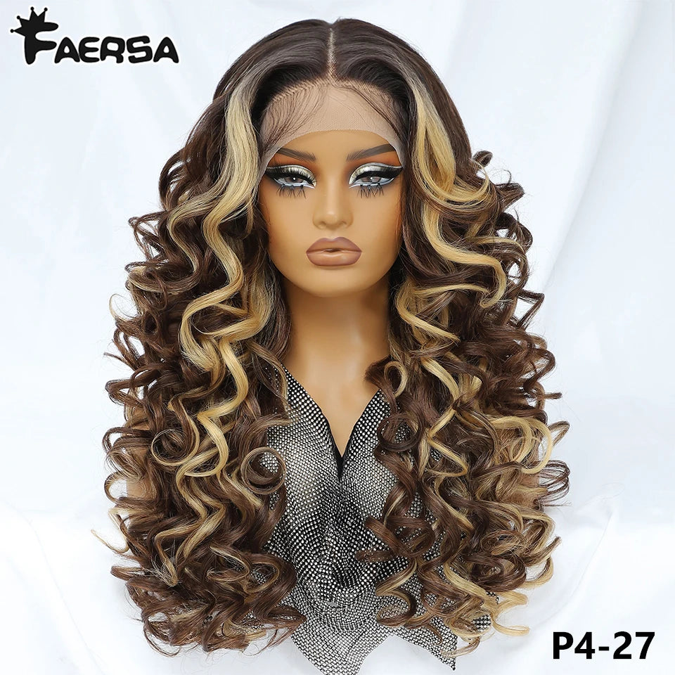 Latisha 13X6 HD Synthetische Spitzenfrontperücke lockig vorgezupfte Lace-Frontal-Perücke mit Pony für Damen, Highlights mit Babyhaar, 24 Zoll