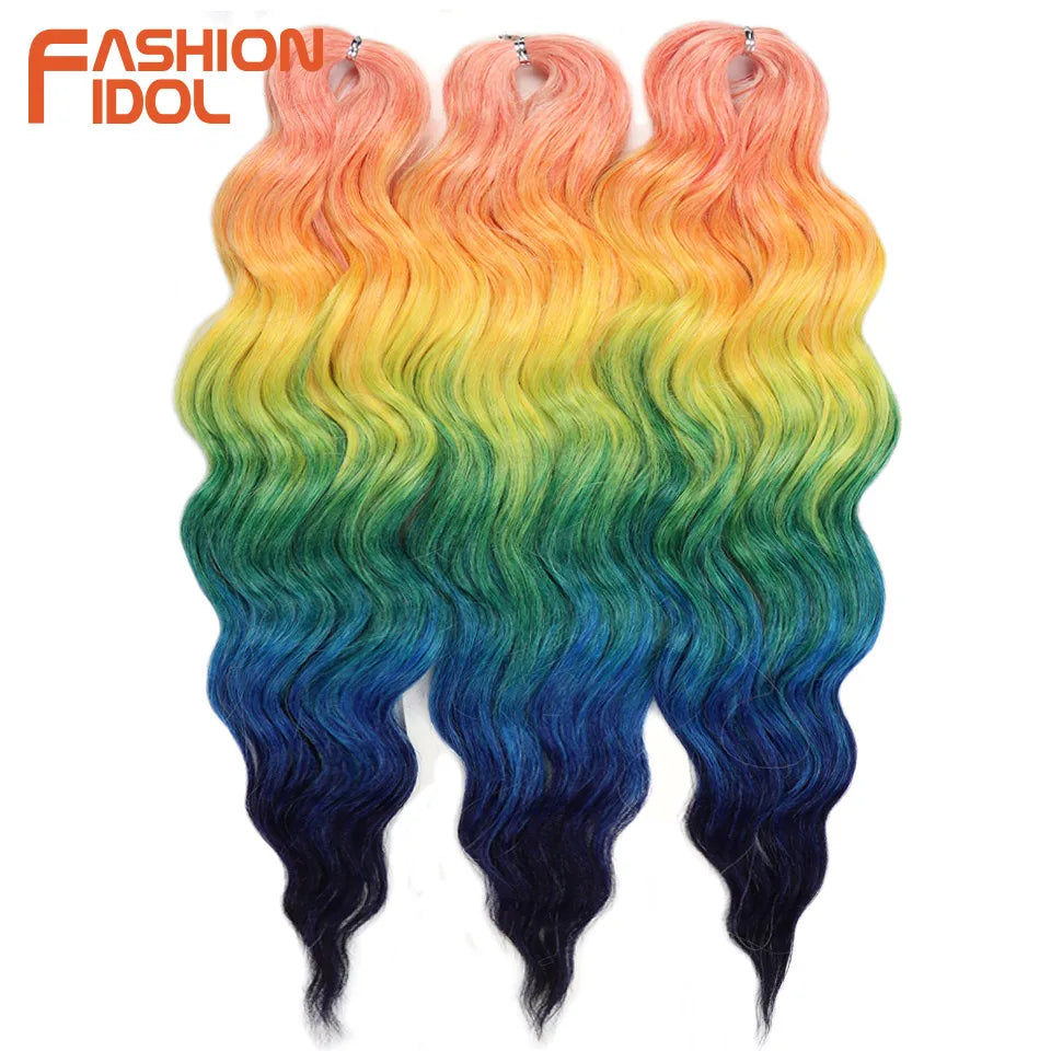 FASHION IDOL 24-Zoll Häkelhaar Synthetische Wasserwelle Flechthaarverlängerungen Ombré Regenbogenfarbe Kunsthaar Deep Wave Lockenhaar