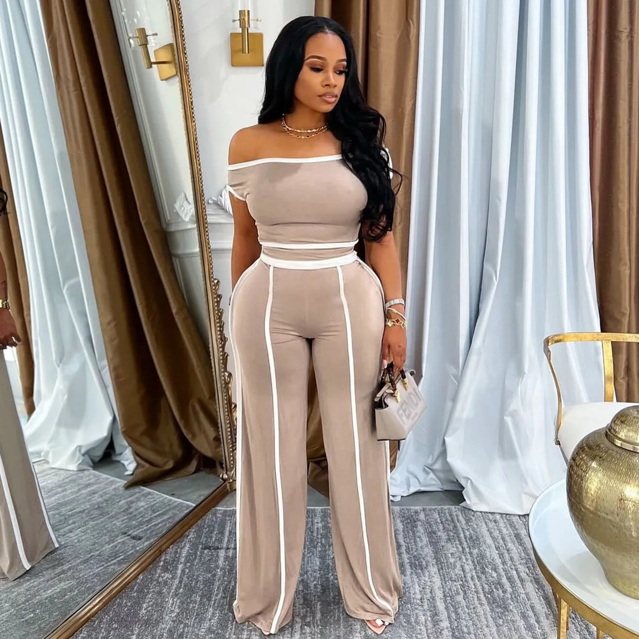 Casual Women's Solid Color Set with Diagonal Shoulders and Wide Legs, Two Piece Set, Summer 2025