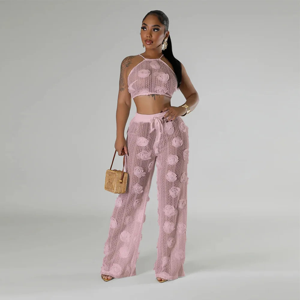 Women Two Piece Pant Sets Sexy Hollow Out Vest Sleeveless Tanks Tops Splice Long Pants Drawstring Streetwear Summer 2025