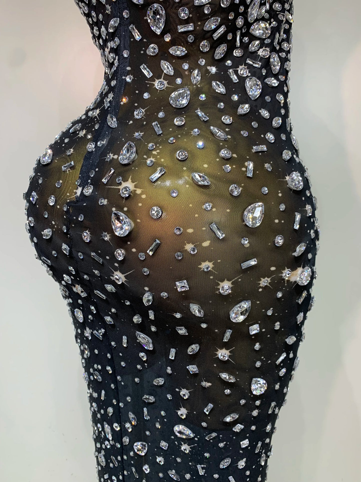 Luxury Rhinestones Sexy Mesh See Through Bodycon Dress Women Birthday Evening Cocktail party Gown Red Carpet Club Stage Outfit