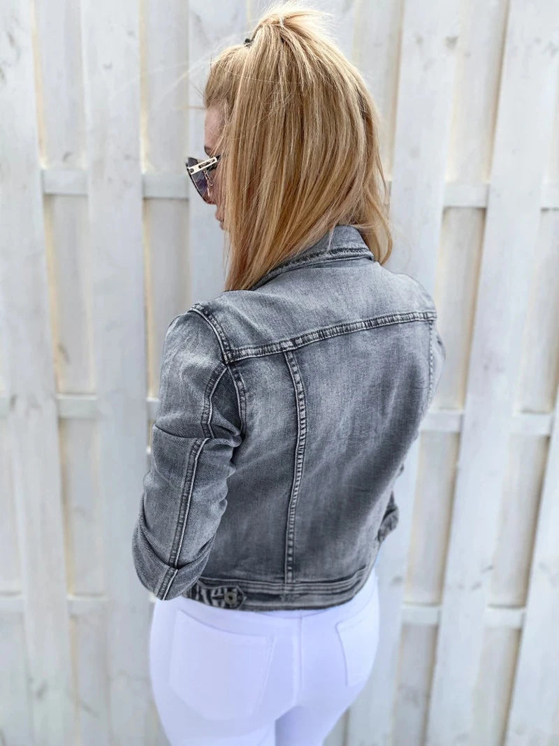 Damen-Jeanjacke lässig schmal 2025 Frühling Herbst einfarbig Langarm Umlegekragen Cowboy-Mantel Mode Jeansjacke Übergröße