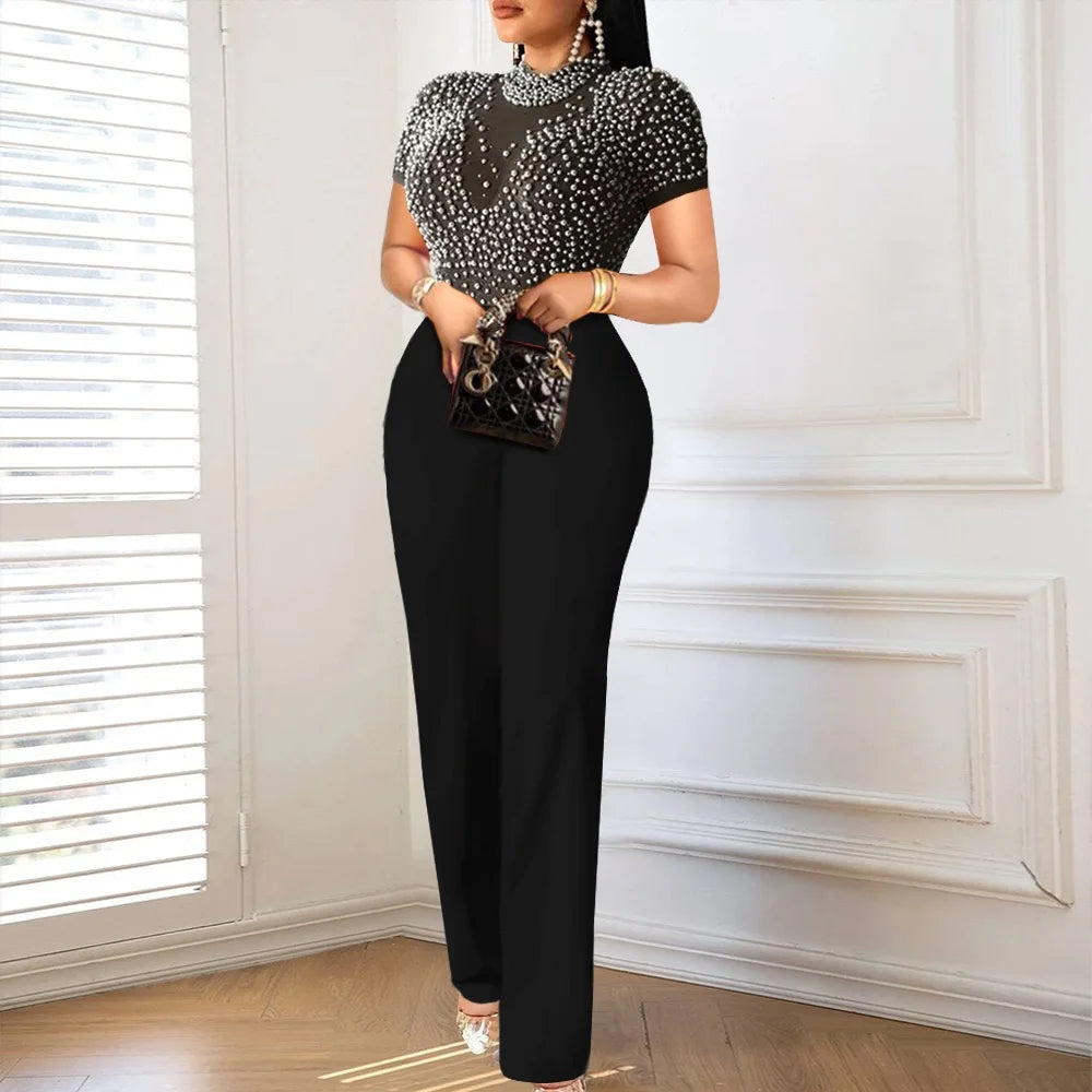 Elegante Jumpsuits & Playsuits für Damen O-Ausschnitt Kurzarm Perlenbesetzt Hohe Taille Luxuriöses Outfit für weibliche Geburtstags-Dinnerpartys