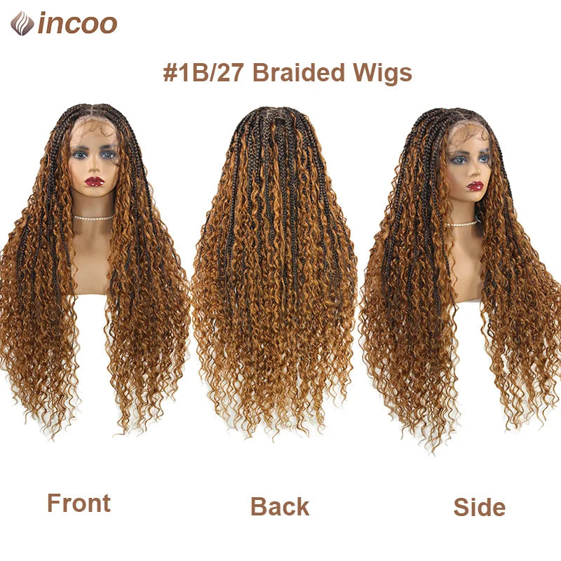 Boho Box Braided Wigs, gelocktes Kunsthaar, volle Lace-Front-Perücken für schwarze Frauen, Goddess Locs Braid Wig, Bohemian Box Braid Wig