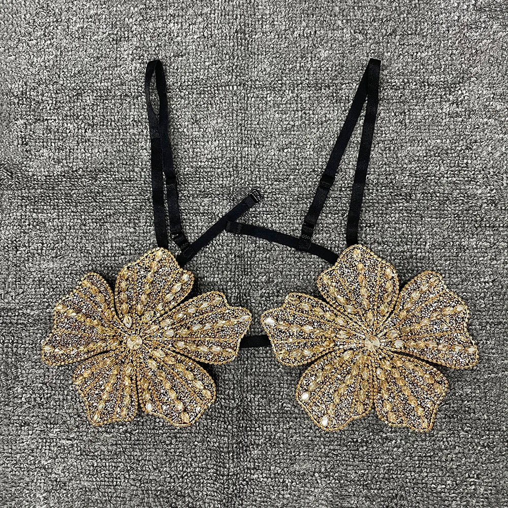 YOUR BUMP CURVE Handmade crystal bra flower embroidery inlaid metal rhinestones short top sexy women beach pool yacht sea party