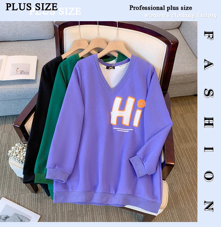 Damen Plus Size Herbst/Winter Casual Pendler Locker und bequem Hoodie Cartoon Print Lila Grün V-Ausschnitt Langarm Top Groß