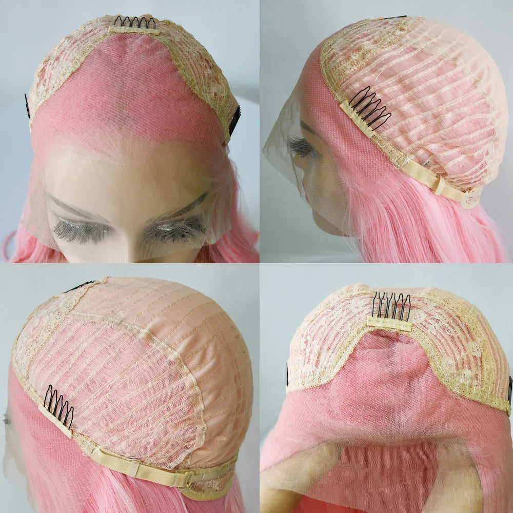 Light Brown Short Bob Layered Lace Front Wig With Bangs Straight Lace Frontal Wig 13x4 Glueless Synthetic Heat Resistant Cosplay