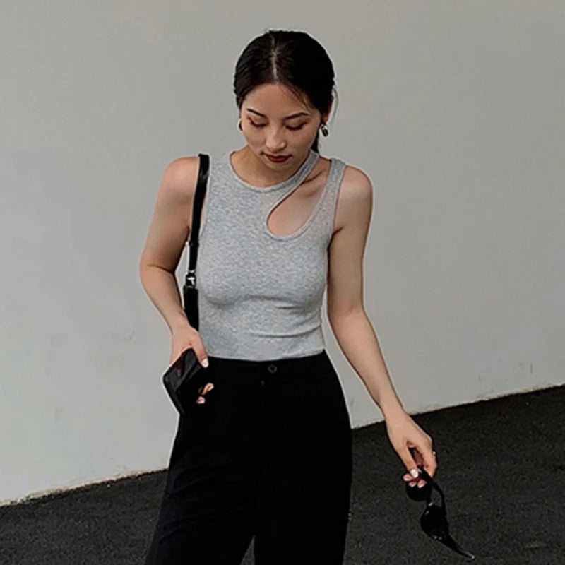 Casual white cut t shirt women round neck sleeveless korean slim t shirts women clothing 2023 summer fashion