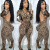 HLJ Sexy Backless Lace Up Leopard Bodycon Jumpsuits Women O Neck Long Sleeve Skinny Pants One Piece Playsuits Fashion Overall