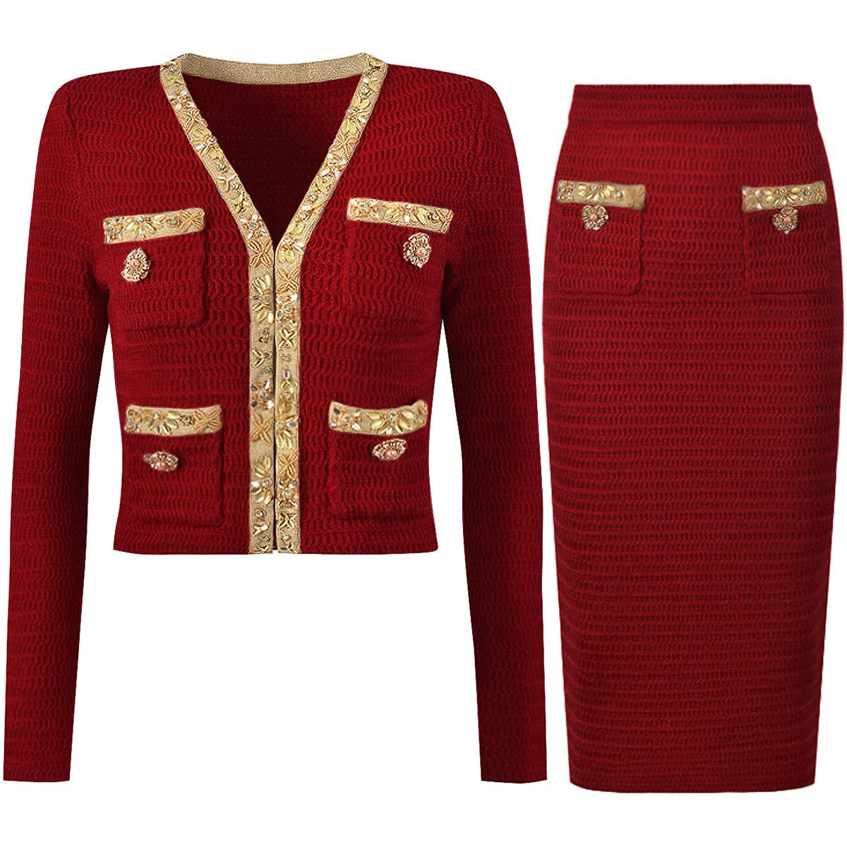 High Quality New Fashionable Elastic Knitted V-neck Luxurious Exquisite Nail Bead Piece Cardigan Slim Fit Short Skirt Women Set