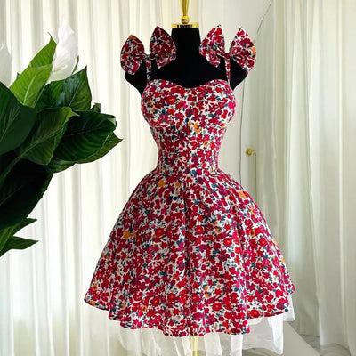Elegantes A-Linien-Minikleid mit Blumenmuster, Schleife, hoher Taille und schlankmachender Wirkung für Damen, Frühlingsmode, lässiger Rock