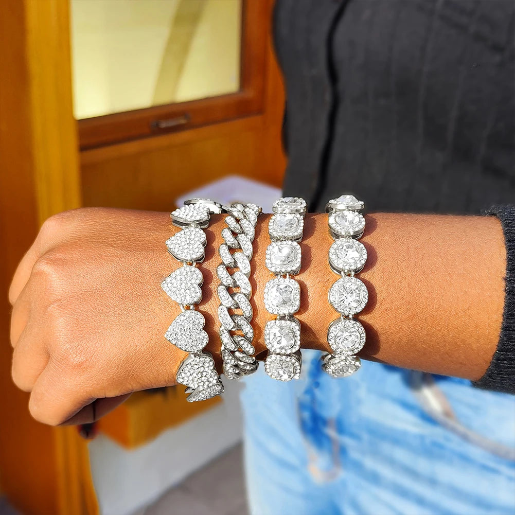 Iced Out Pink Cuban Armband für Frauen Hip Hop Gold Silber Farbe Kristall Herz Kreis Quadrat Armband 4Pcs Set Schmuck Geschenk