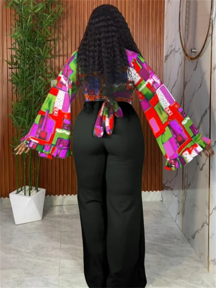 Wmstar Plus Size Two Piece Sets Wholesale Long Sleeve Print Top and Wide Leg Pants Matching Suit Fall Clothing Dropshopping
