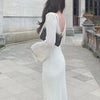 Sexy Women Long Knit Beach Dress Hollow-Out Deep V-Neck Long Sleeve Bikini Cover-Ups Dress Fall Backless Holiday Dress