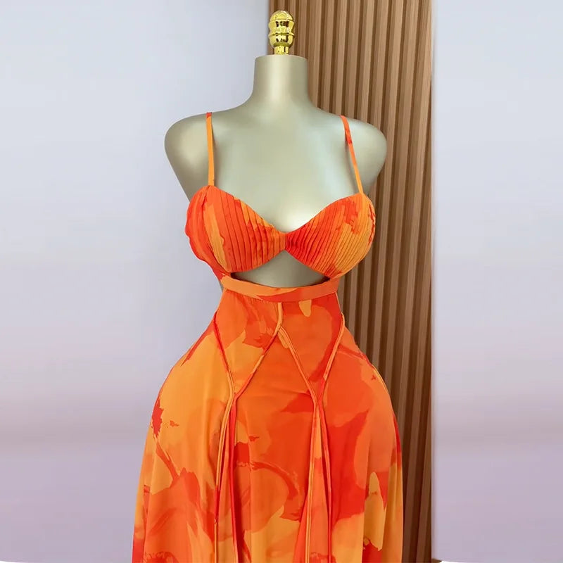 CM.YAYA Damen Blumenmuster Trägerloser Rückenfreier BH Vorne Großes Swing Maxi Langes Kleid 2025 Vintage Sexy Club Party Abendkleider