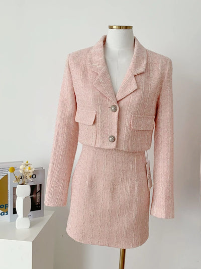 Elegant Fashion Pink Tweed Suit Women's Autumn 2023 Y2k High Quality Blazer Coat+Bag Hip Skirt Commuting Two-Piece Set