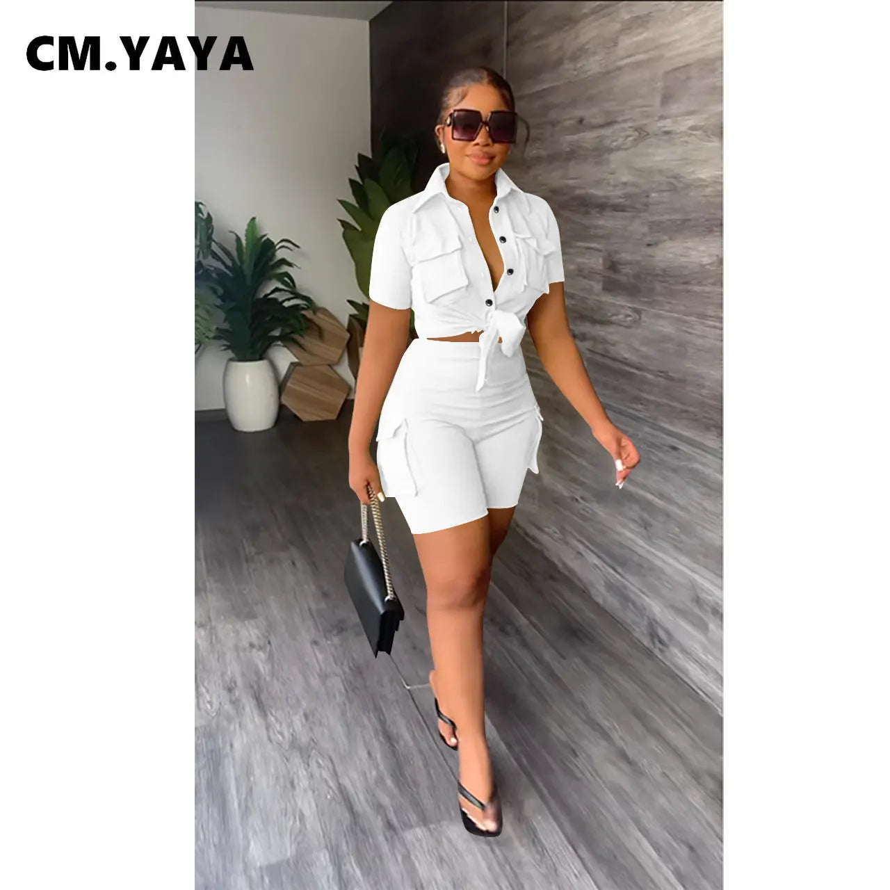 CM.YAYA INS Women's Set Short Sleeve Pocket Front Shirt and Pocket Side Shorts Suit 2023 Cargo Two 2 Piece Set Outfit Tracksuits