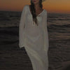 Sexy Women Long Knit Beach Dress Hollow-Out Deep V-Neck Long Sleeve Bikini Cover-Ups Dress Fall Backless Holiday Dress