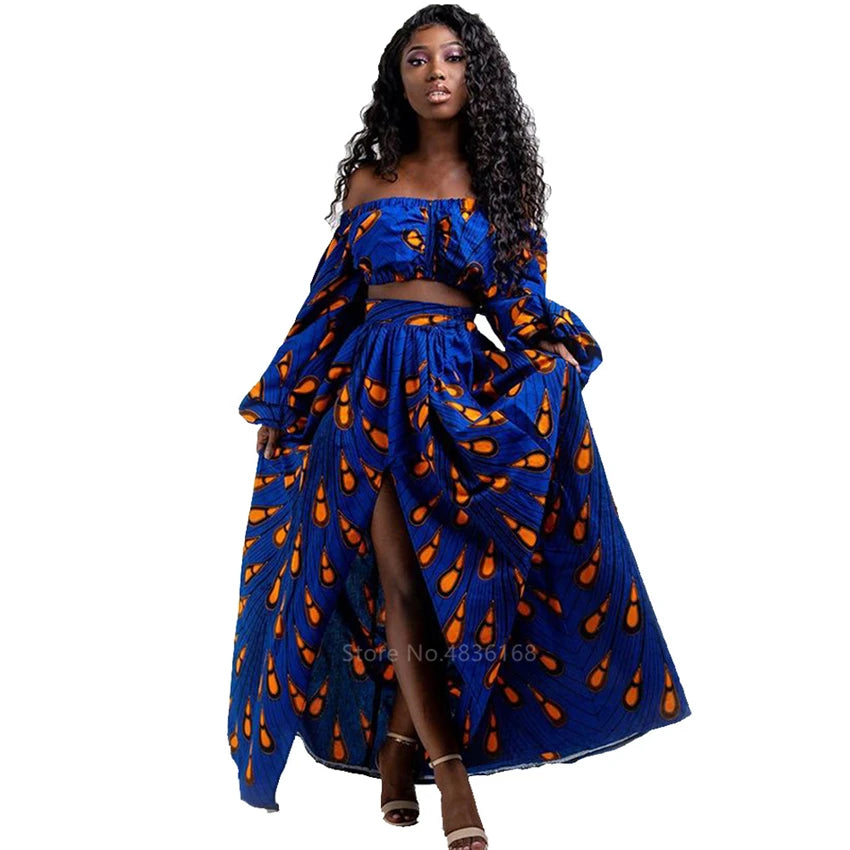 Afrikanische Kleider für Damen, Herbst, 2-teiliges Set, Damen, lange Ärmel, schulterfrei, mit Feder-Dashiki-Print, geteilte Röcke, afrikanische Kleidung