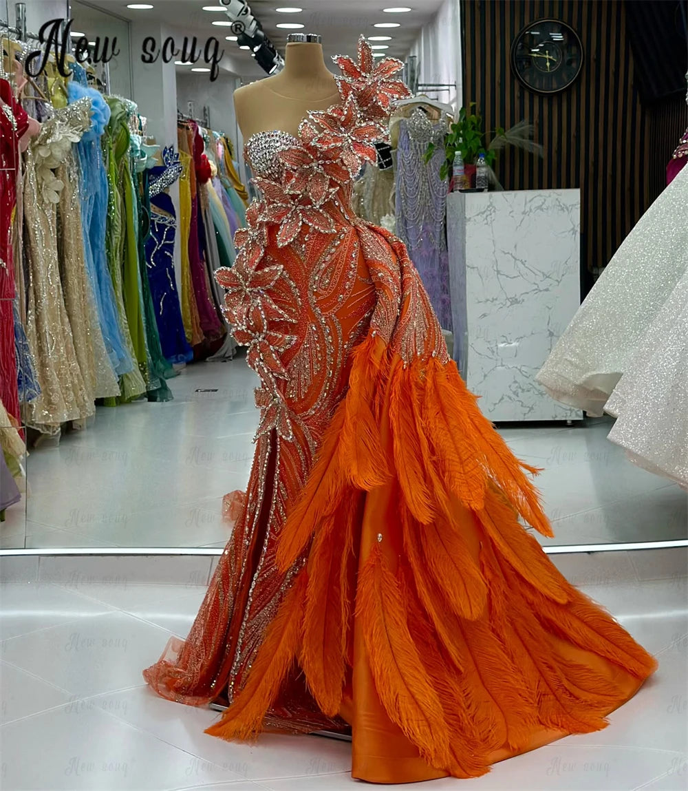 Luxurious Orange Formal Prom Party Dress Aso Ebi Wedding Engagement Gown 3D Lace Feather Long Celebrity Dress Customized 2025
