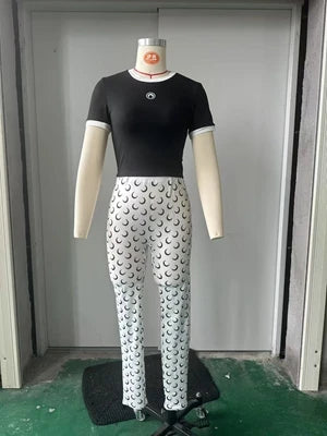 STYLISH LADY Moon Printed Sports 2 Piece Set Women Sleeveless Crop Top and Skinny Pant Suits 2025 Summer Street Fitness Outfits