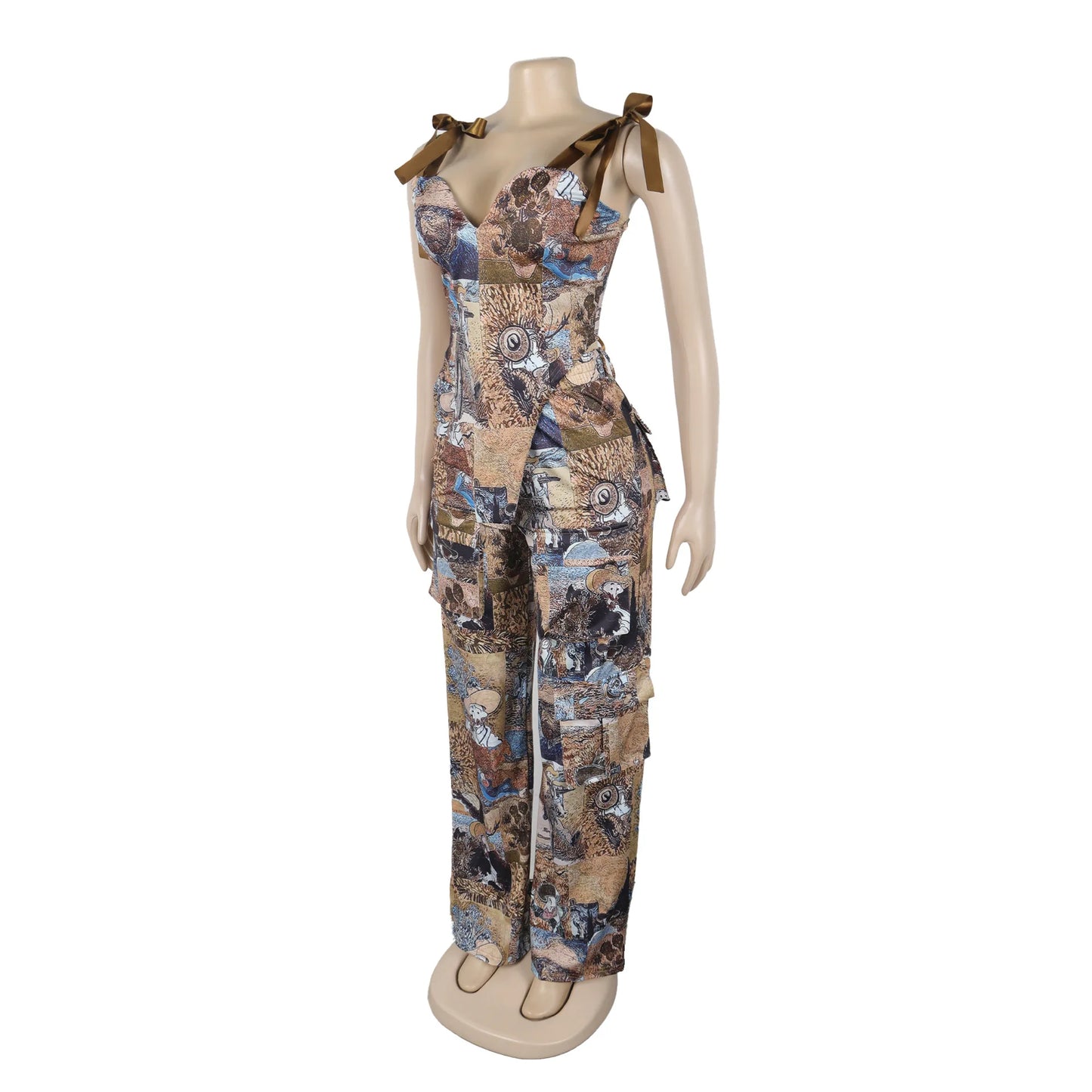 Two Pieces Women Pant Sets Print Matching Set Drawstring Pockets Sleeveless Top Elastic Waist Pants Slim Fit Casual 2026 Spring