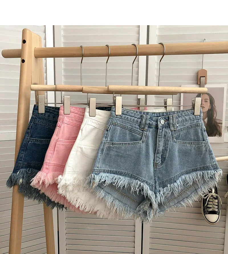 ITOOLIN Women Vintage Tassels Denim Shorts Button Loose High Waist A-line Jean Shorts Casual Women Office Trousers Streetwear