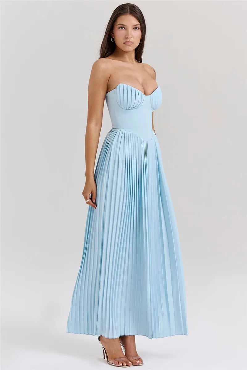 Mozision schulterfreies, rückenfreies, plissiertes Maxikleid für Damen, modisch, trägerlos, ärmellos, hohe Taille, eng anliegend, sexy, langes Kleid
