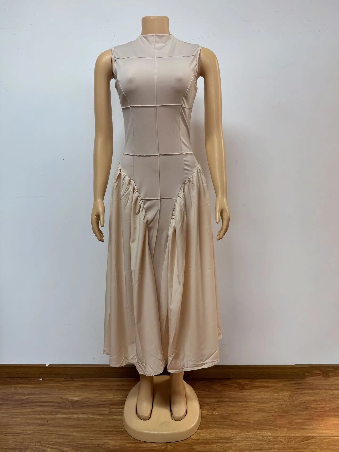 Long Dresses Women Party Dress Pleated Patchwork Sleeveless Stand Collar Maxi Gown Tight Waist Vestidos 2025 Summer A Line