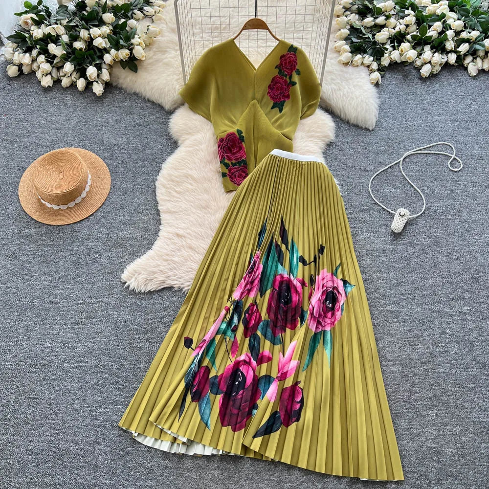Two Pieces Women Dress Sets Solid Matching Sets V Neck Printing Top High Waist Pleat Dress Loose Fit Casual 2025 Autumn Winter