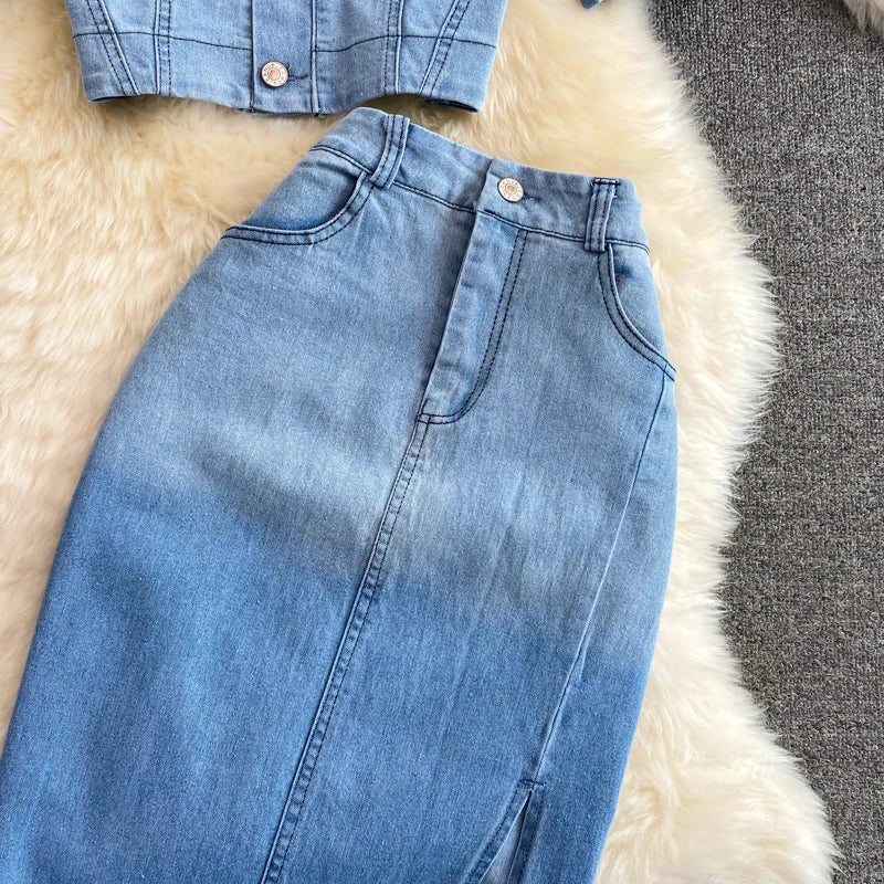 Women Denim 2 Piece Sets Long Skirt Top Suit Skirts Tops Single Breasted Outfits Washed Distressed 2025 Summer Casual Ensemble
