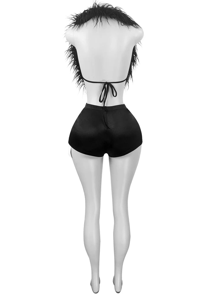 Kricesseen Women's Furry Suits Set 2 Piece Outfits Summer Halter V Neck Backless Crop Top And Stain Matching Shorts Set Clubwear