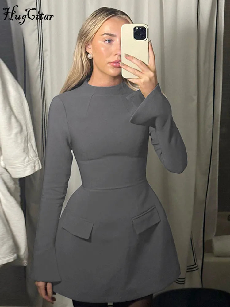 Hugcitar 2024 Frühling O-Ausschnitt Langarm Uni Patchwork Reißverschluss Sexy Bodycon Minikleid Damen Mode Outfits Geburtstagsparty Y2K