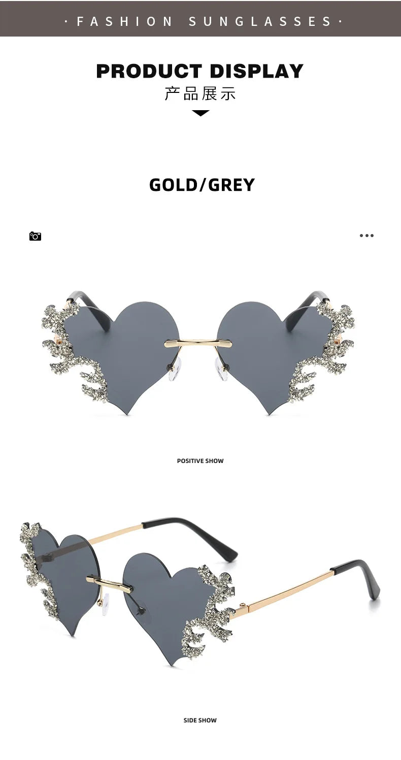 Randlose Sonnenbrille Damen Luxusmarke Strass Sonnenbrille Damen Niedliche Herzform Punk Party Brille очки від сонця женские