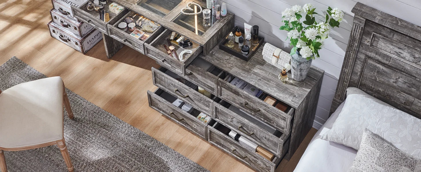 69" B rustikale Schlafzimmerkommode aus Holz mit Glasplatte, 9 großen Schubladen, 3 farbigen Leuchten und 30" HD-LED-Spiegel