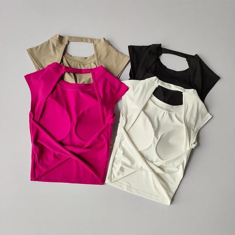 Sexy Kurzes Rückenfreies Sport-T-Shirt mit festem Brustpolster Damen Eng Anliegendes Schnell Trocknendes Schlankmachendes Yoga-Top