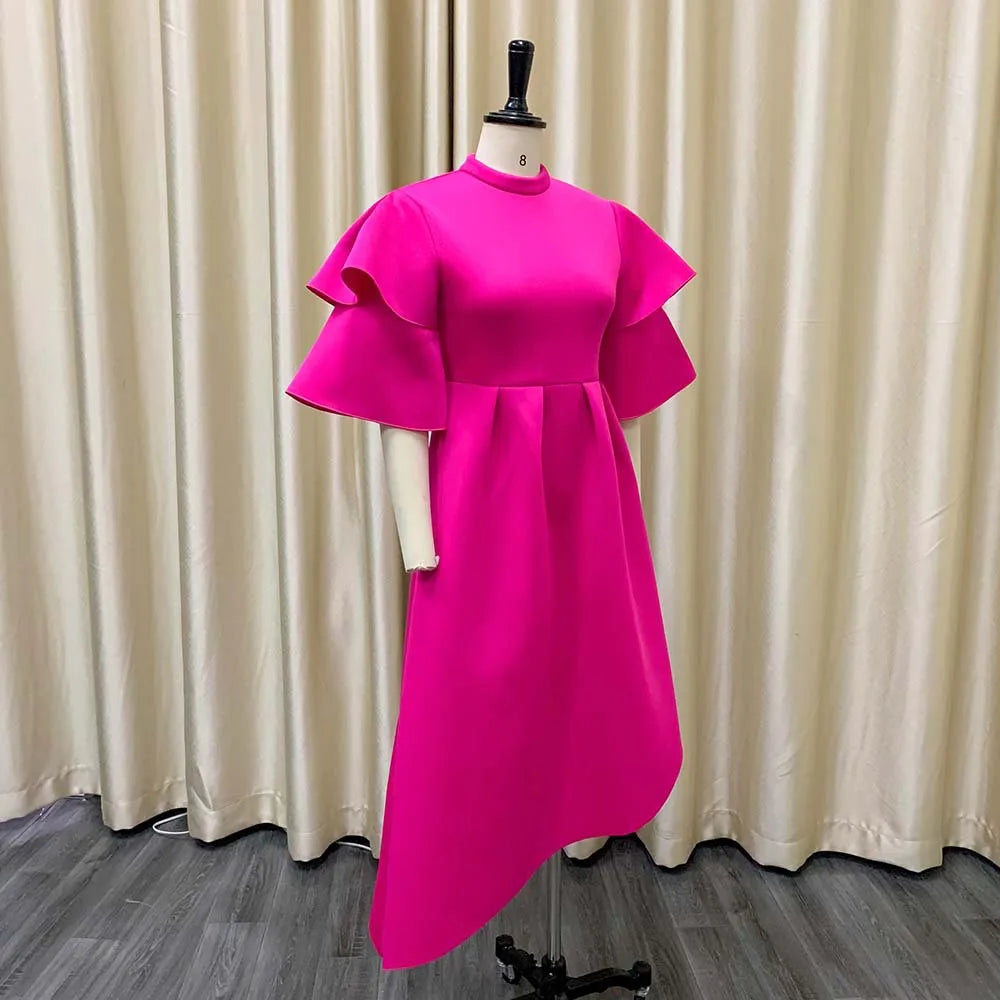 Elegant Party Dresses for Woman 2024 New O Neck Ruffles Sleeve High Waisted Asymmetric Mid Calf Luxury Birthday Dinner Vestidos