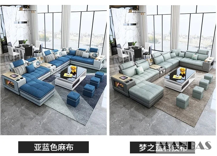 MINGDIBAO Nordische Stoff-Sofagarnitur mit Bluetooth-Lautsprecher & USB – Modernes Modulares Wohnzimmer-Sofa, Großes U-förmiges Ecksofa aus Stoff