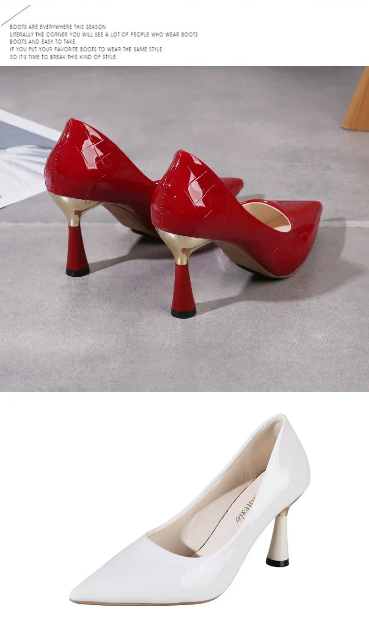Schuhe Damen 2024 Trend Neue Sommer Rote Absätze Elegante Damen Schwarze Pumps mit Absatz Spitz zulaufende Pumps Kleid Leder Weiße Damenschuhe