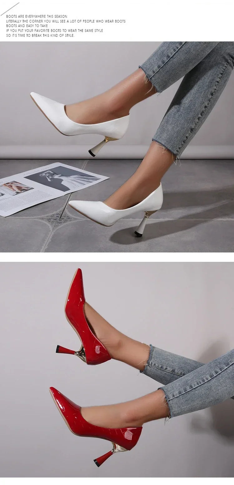 Schuhe Damen 2024 Trend Neue Sommer Rote Absätze Elegante Damen Schwarze Pumps mit Absatz Spitz zulaufende Pumps Kleid Leder Weiße Damenschuhe