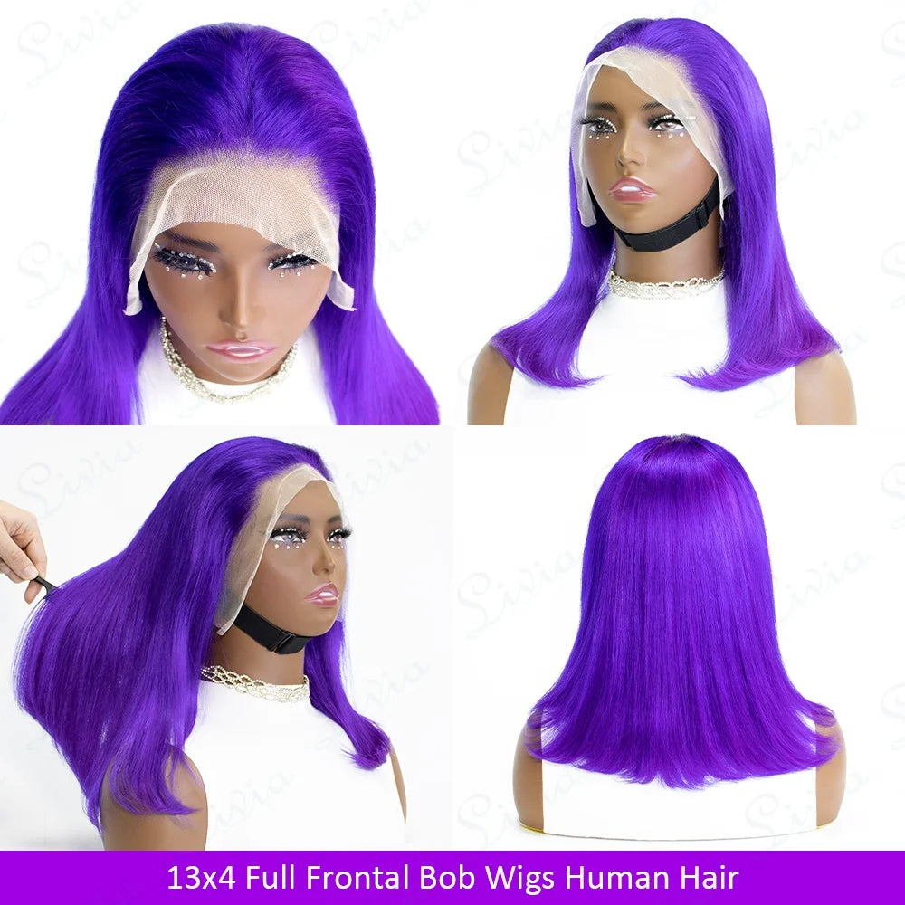 Purple Straight Bob Wigs Human Hair Preplucked Transparent Lace Frontal Wigs Brazilian 13x4 Short Bob Wigs 100% Human Hair Wigs