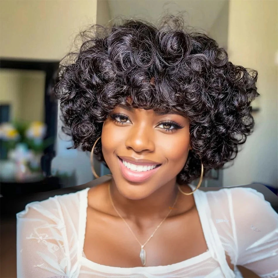250% Bob Bouncy Lockige Echthaarperücken Loose Bouncy Rose Lockige Perücken mit Pony Brasilianisches Remy Haar Maschinenperücke für Frauen