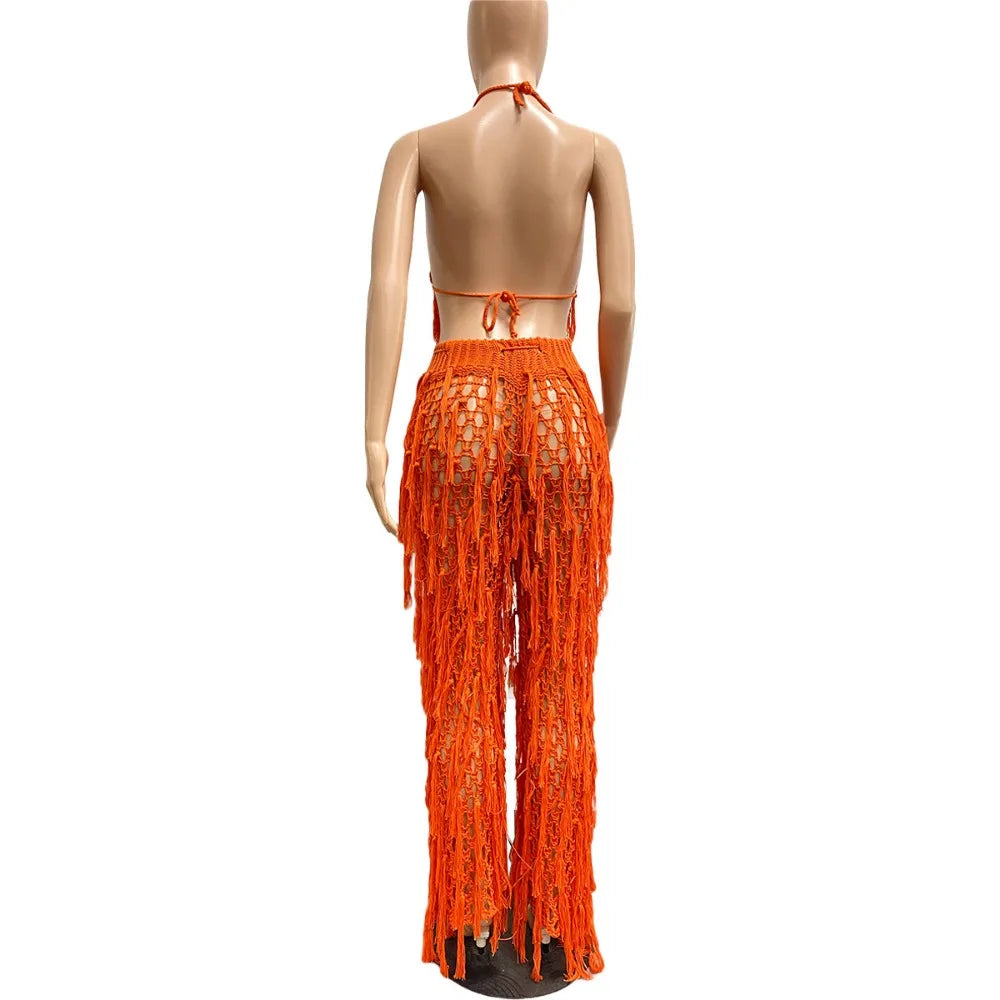 FAGADOER Sexy Hollow Out Tassels Pants Two Piece Sets Women Halter Sleeveless Backless Crop Top + Pants Outfit Female Streetwear
