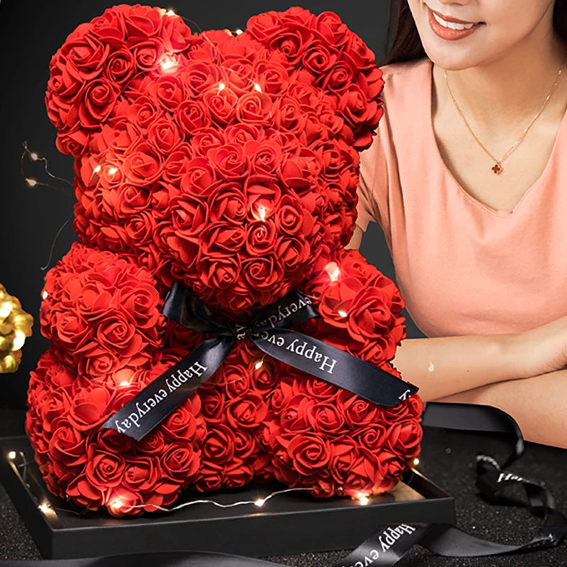 Valentinstagsgeschenke Dekoration Rosenbär Künstliche Blume mit Box Lichter Teddybär für Frauen Freundin Geburtstagsgeschenk Liebesblume