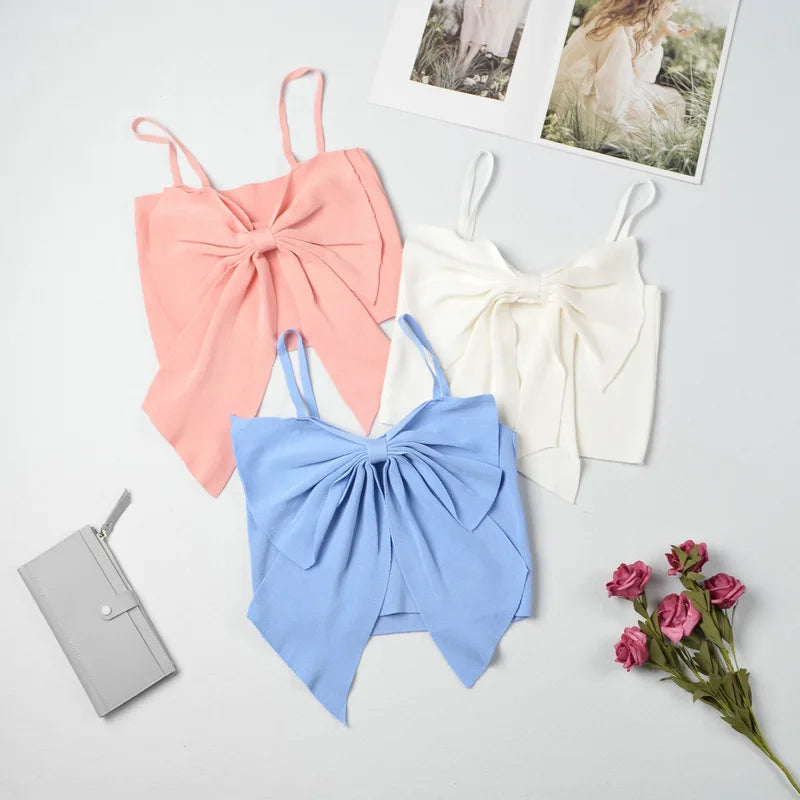 Summer Bow Crop Top Women Y2k Streetwear Clothes Korean Fashion Vest Blue White Pink Sleeveless Cute Tank Tops for Woman 2023