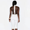 Solid color neck tie, knot, exposed back, tight fitting jumpsuit, cropped pants