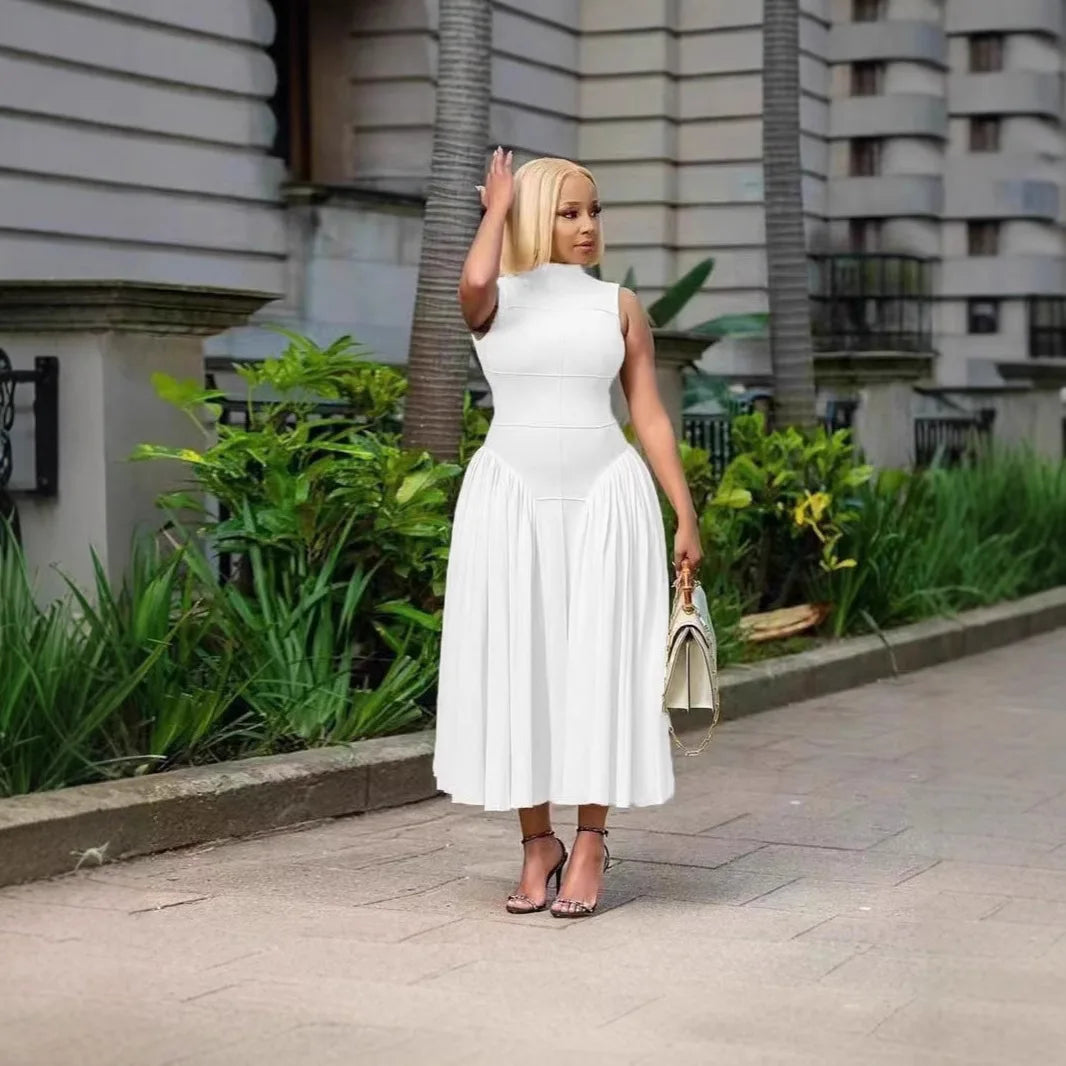 Long Dresses Women Party Dress Pleated Patchwork Sleeveless Stand Collar Maxi Gown Tight Waist Vestidos 2025 Summer A Line